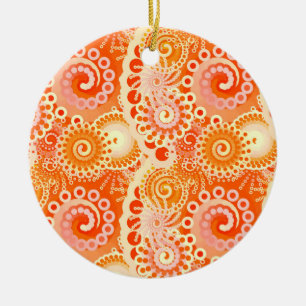 Fractal swirl pattern, shades of coral orange ceramic ornament
