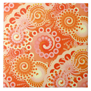 Fractal swirl pattern, shades of coral orange ceramic tile