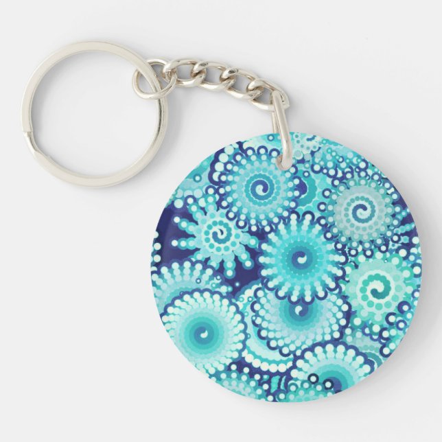 Fractal swirl pattern, shades of denim blue keychain (Front)
