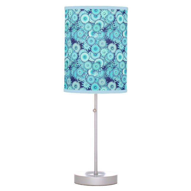 Fractal swirl pattern, shades of denim blue table lamp (Front)