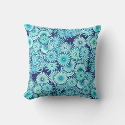 Fractal swirl pattern shades of denim blue throw pillow