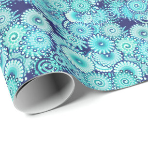 Fractal swirl pattern, shades of denim blue wrapping paper
