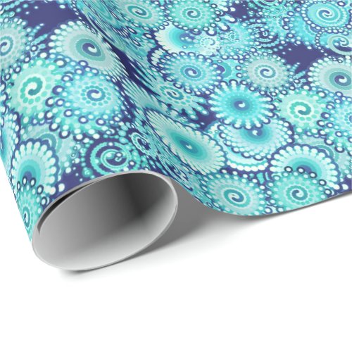 Fractal swirl pattern shades of denim blue wrapping paper