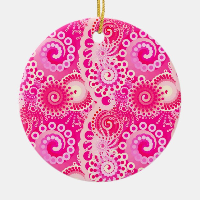 Fractal swirl pattern, shades of fuchsia pink ceramic ornament (Front)