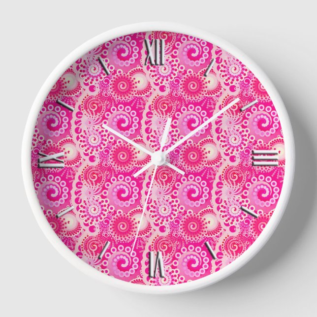 Fractal swirl pattern, shades of fuchsia pink clock (Front)