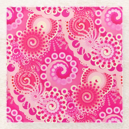 Fractal swirl pattern shades of fuchsia pink glass coaster