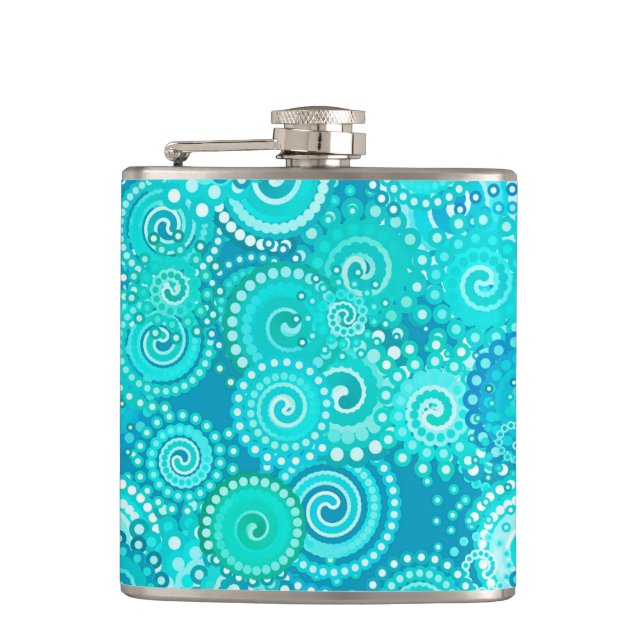 Fractal swirl pattern, shades of ocean blue flask (Front)