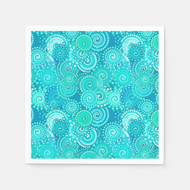 Fractal swirl pattern, shades of ocean blue paper napkins (Front)