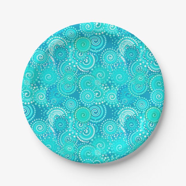 Fractal swirl pattern, shades of turquoise paper plates (Front)