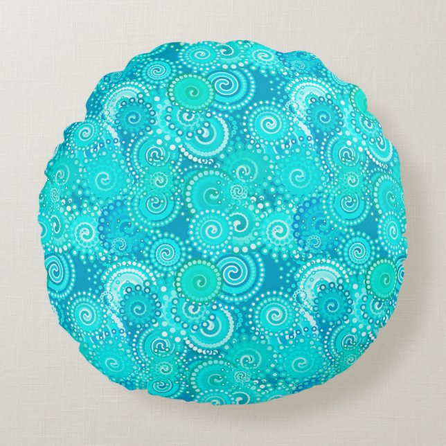 Fractal swirl pattern, shades of turquoise round pillow (Front)