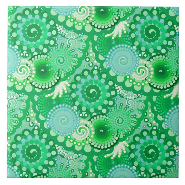 Fractal swirl pattern, turquoise, aqua, jade ceramic tile (Front)