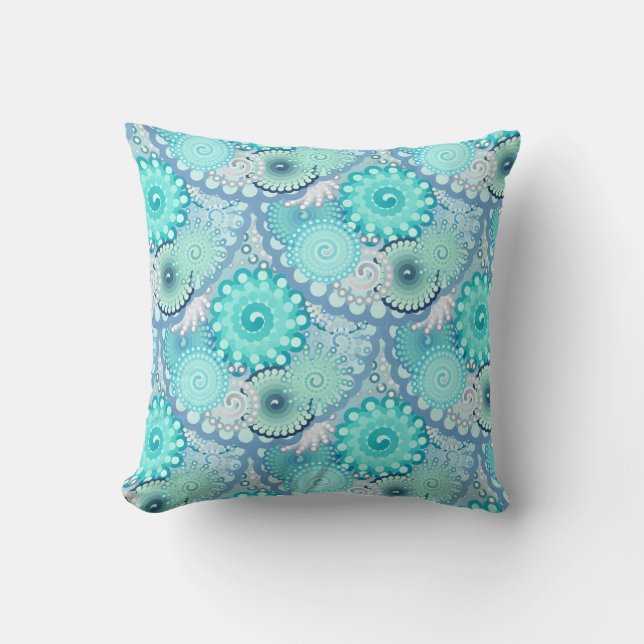 Fractal swirl pattern, turquoise, green, blue throw pillow (Front)