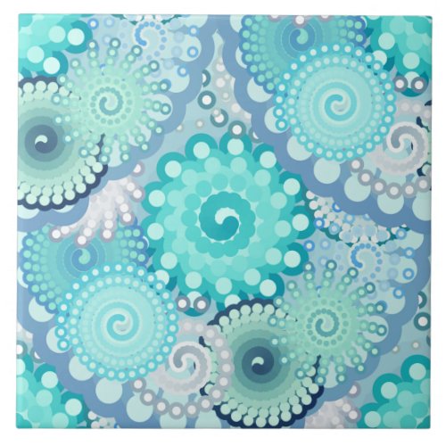 Fractal swirl pattern turquoise green blue tile