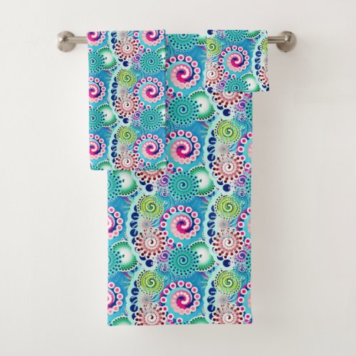 Fractal swirl pattern turquoise pink multi bath towel set