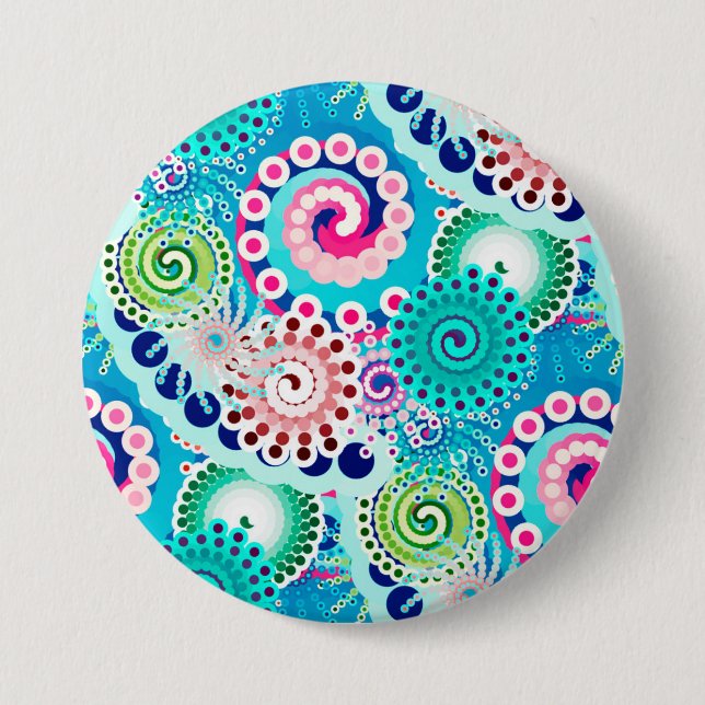 Fractal swirl pattern, turquoise, pink, multi button (Front)