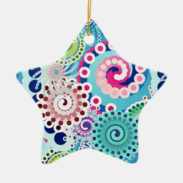 Fractal swirl pattern, turquoise, pink, multi ceramic ornament (Front)