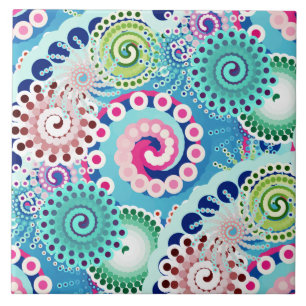 Fractal swirl pattern, turquoise, pink, multi ceramic tile