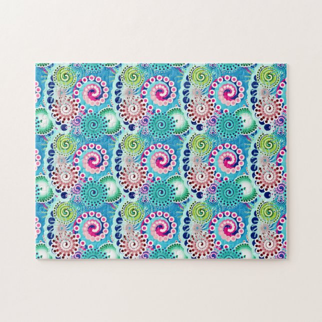 Fractal Swirl Pattern, Turquoise Pink Multi Jigsaw Puzzle (Horizontal)