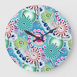 Fractal swirl pattern, turquoise, pink, multi large clock