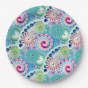 Fractal swirl pattern, turquoise, pink, multi paper plates