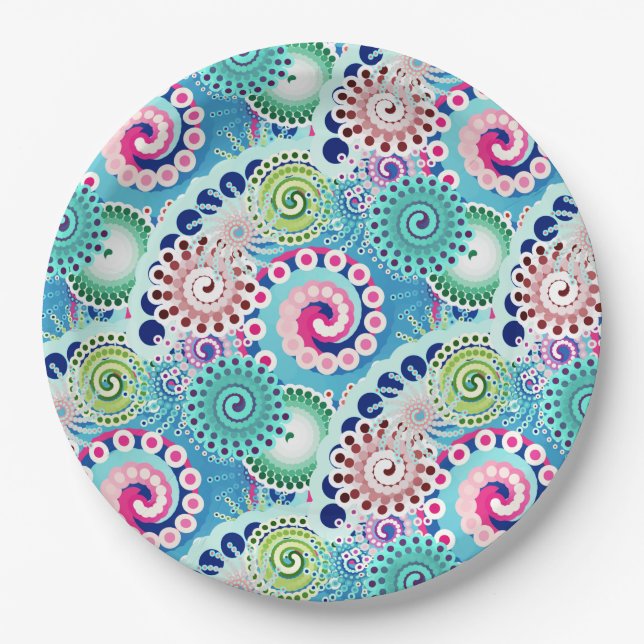 Fractal swirl pattern, turquoise, pink, multi paper plates (Front)