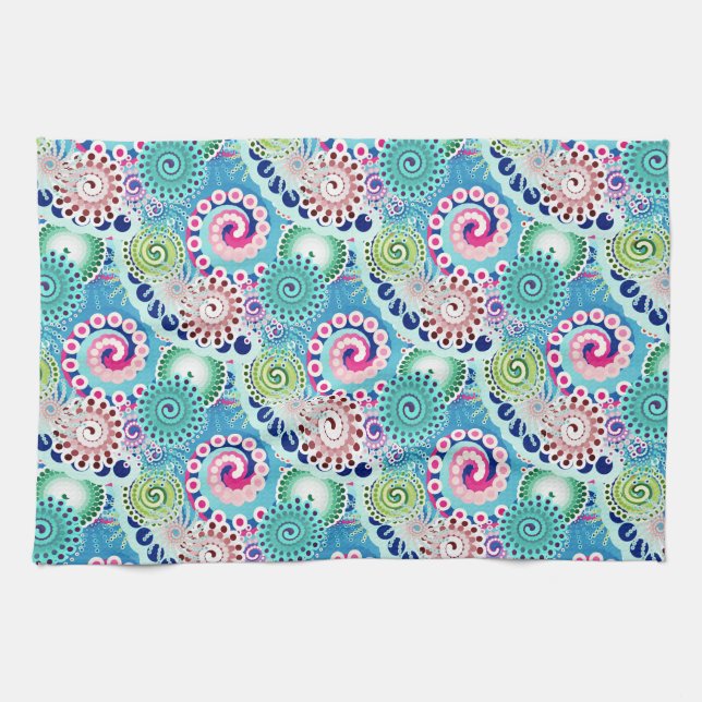 Fractal swirl pattern, turquoise, pink, multi towel (Horizontal)
