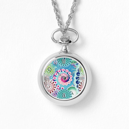 Fractal swirl pattern turquoise pink multi watch