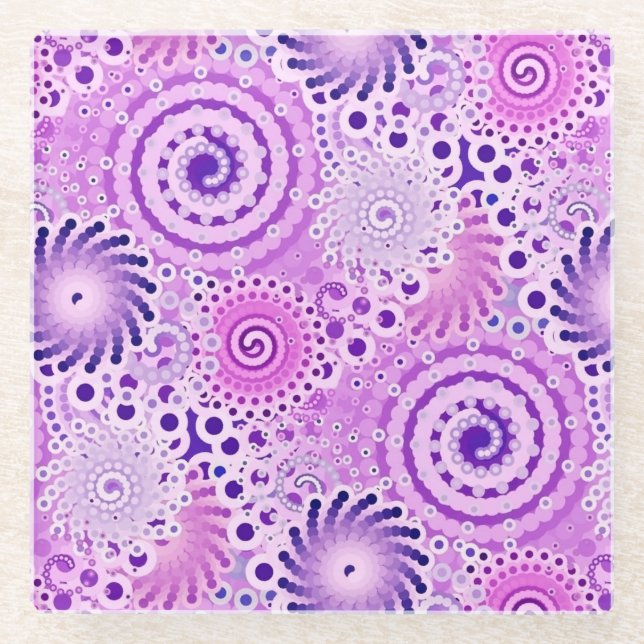 Fractal swirl pattern, violet, orchid glass coaster (Front)