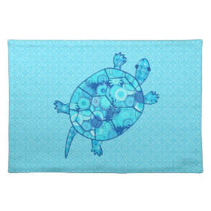 Fractal swirl turtle - cobalt and turquoise blue cloth placemat