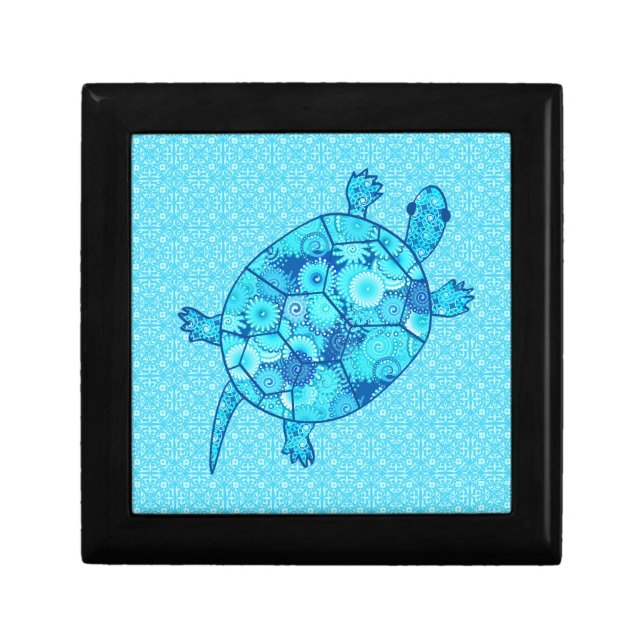Fractal swirl turtle - cobalt and turquoise blue jewelry box (Front)