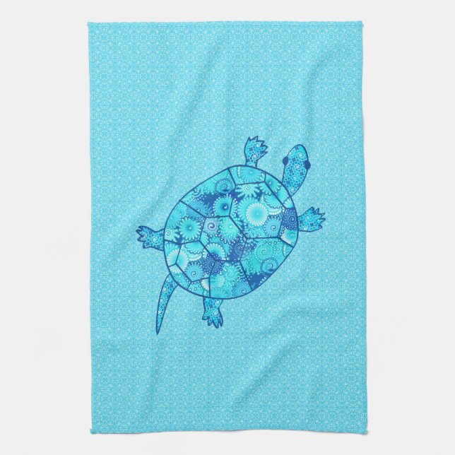 Fractal swirl turtle - cobalt and turquoise blue kitchen towel (Vertical)