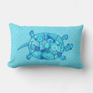 Fractal swirl turtle - cobalt and turquoise blue lumbar pillow