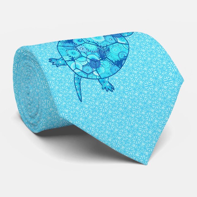 Fractal swirl turtle - cobalt and turquoise blue neck tie (Rolled)