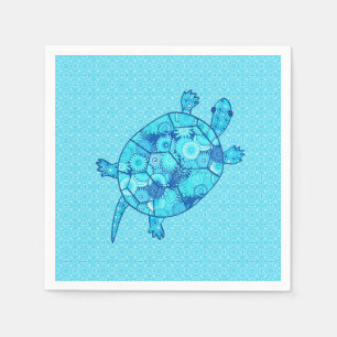 Fractal swirl turtle - cobalt and turquoise blue paper napkins