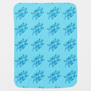 Fractal swirl turtle - cobalt and turquoise blue swaddle blanket