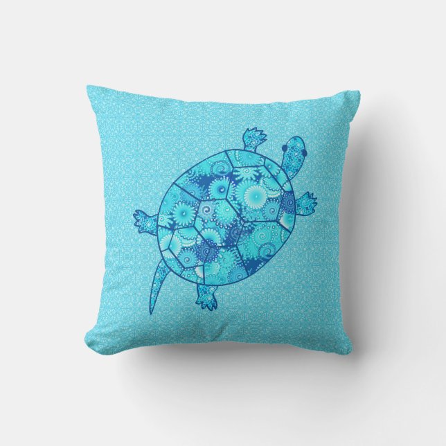 Fractal swirl turtle - cobalt and turquoise blue throw pillow (Front)