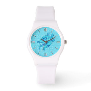 Fractal swirl turtle - cobalt and turquoise blue watch