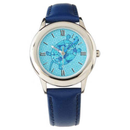 Fractal swirl turtle _ cobalt and turquoise blue watch