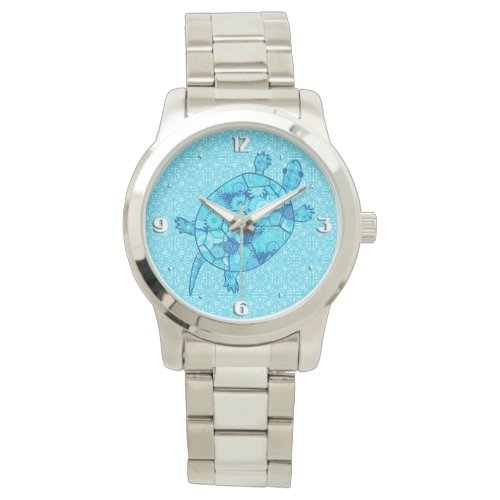Fractal swirl turtle _ cobalt and turquoise blue watch