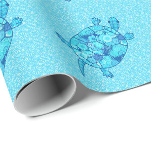 Fractal swirl turtle - cobalt and turquoise blue wrapping paper
