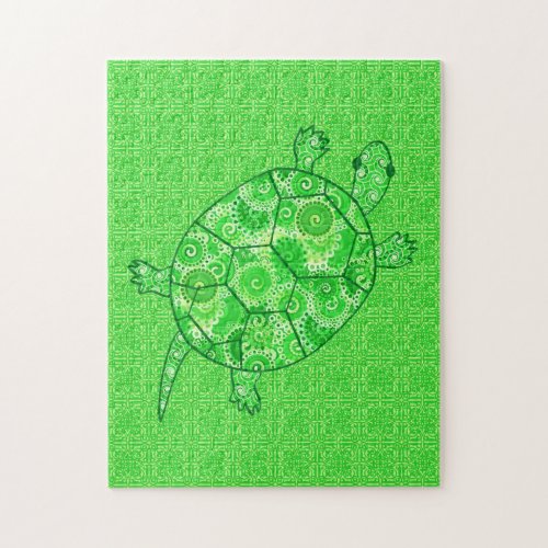 Fractal Swirl Turtle Lime and Emerald Green  Jigsaw Puzzle
