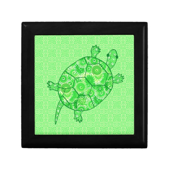 Fractal swirl turtle - lime and emerald green keepsake box (Front)