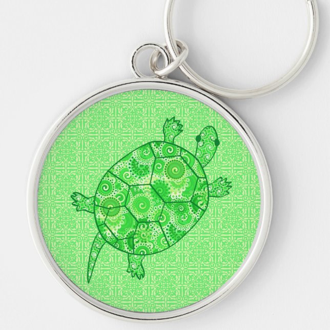 Fractal swirl turtle - lime and emerald green keychain (Front)