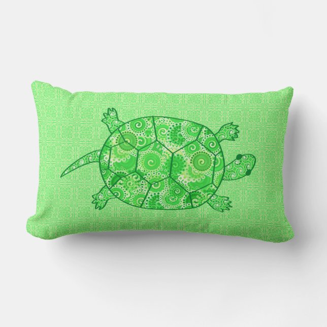 Fractal swirl turtle - lime and emerald green lumbar pillow (Front)