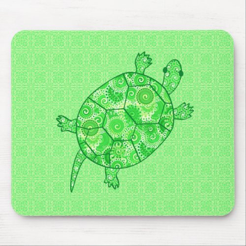 Fractal swirl turtle _ lime and emerald green mouse pad