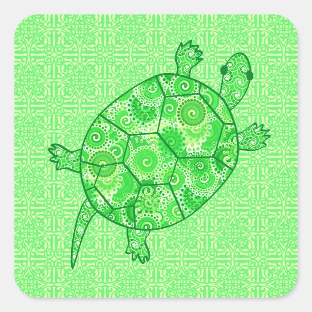 Fractal swirl turtle - lime and emerald green square sticker (Front)