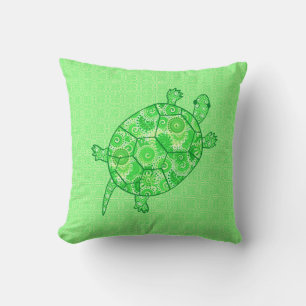Fractal swirl turtle - lime and emerald green throw pillow