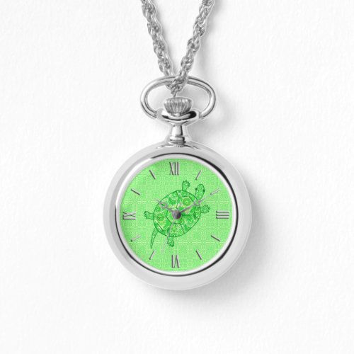 Fractal swirl turtle _ lime and emerald green watch