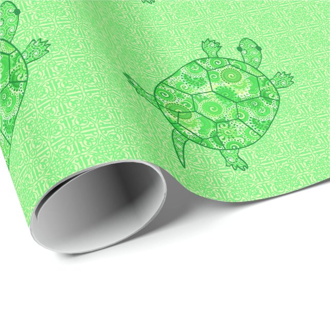 Fractal swirl turtle - lime and emerald green wrapping paper (Roll Corner)