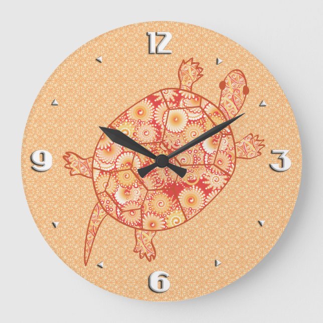 Fractal swirl turtle - shades of mandarin orange large clock (Front)